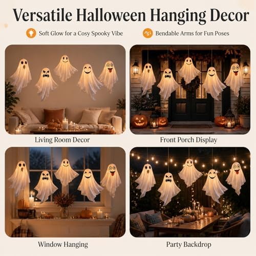 5 Pcs LED Light Up Hanging Ghosts, 24.4 Inch Halloween Outdoor Decor