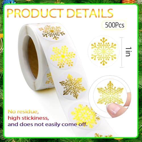 500Pcs Christmas Stickers Roll for Cards 6 Designs Gold Foil Snowflake Stickers Clear Xmas Winter Holiday Round Adhesive Label Stickers Decal for Xmas Envelopes Invitations Cards Gifts Decor