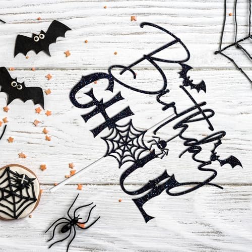Black Glitter Birthday Ghoul Cake Topper, Spooky Spider Halloween Birthday Cake Décor, Ghost Halloween Bridal Shower Baby Shower Party Decorations Supplies