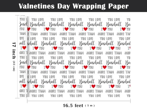 WRAPAHOLIC Funny Valentines Day Wrapping Paper Roll - Mini Roll - 17 Inch x 16.5 Feet - I Love You More Than Baseball Wrapping Paper for Valentine's Day, Anniversary, Birthday, Boyfriend, Husband