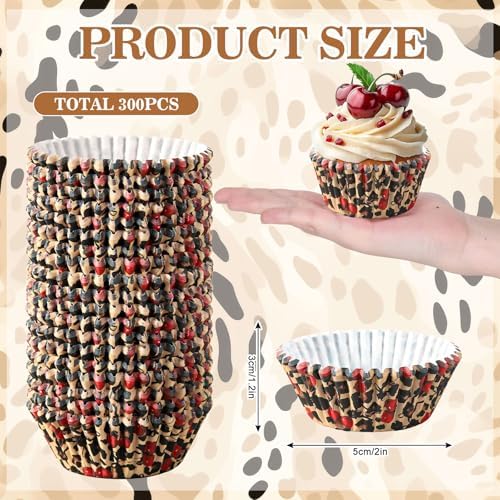 JarThenaAMCS 300 Pcs Leopard Print Cherry Cupcake Liners Cheetah Print Paper Baking Cups Standard Muffin Cupcake Wrappers for Animal Themed Holiday Wedding Baby Shower Birthday Party Supplies