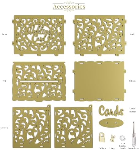 Jolik Wedding Card Box with Sign, Large Rustic Locking Money Box Holder for Wedding Reception, Gift Card & Envelope Storage, DIY Anniversary & Birthday Party Decoration (Gold)