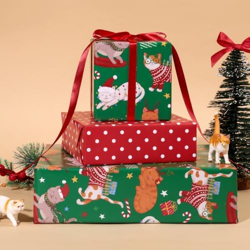 LaRibbons Reversible Cat Christmas Wrapping Paper Roll Pet 17 In x 33 Ft