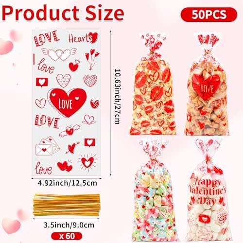 50PCS Valentines Goodie Bags - 5 x 11 Plastic Valentines Cellophane Treat Bags with Twist Ties, Red Heart & Love Design Valentine Candy Bags for Kids Classroom Exchange, Party Favors, Gifts, Cookies