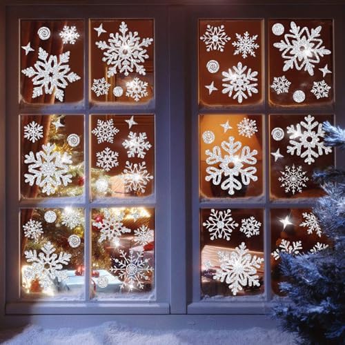 170PCS Glitter Christmas Window Clings Snowflake Window Clings for Glass Windows Silver Snowflake Window Stickers