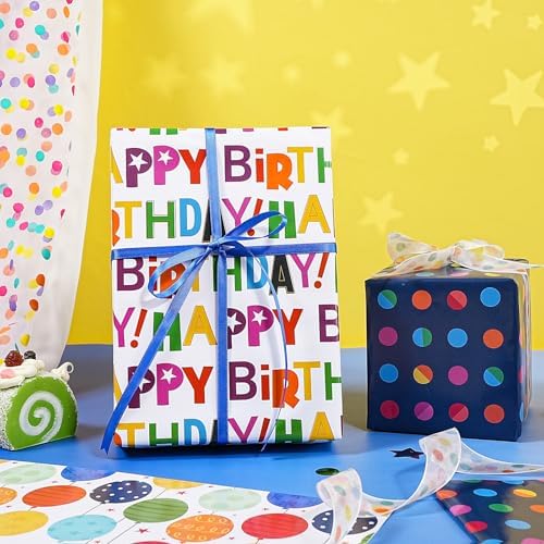 WRAPAHOLIC Birthday Wrapping Paper Sheet - 12 Sheets Folded Flat - Colorful Happy Birthday and Balloons 4 Design for Boys Girls Kids Birthday, Baby Shower - 19.7 inch x 27.5 inch Per Sheet