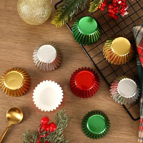 AUGSUN 400pcs Christmas Mini Foil Cupcake Liners Golden Red Green Silver