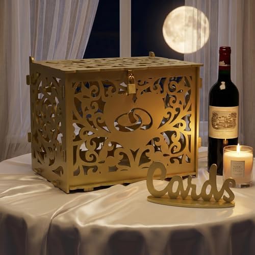 Jolik DIY Wedding Card Box with Lock, Large Money Box Holder with Card Sign for Wedding Reception, Gift Card & Envelope Storage, Anniversary & Birthday Party Decoration (Gold)