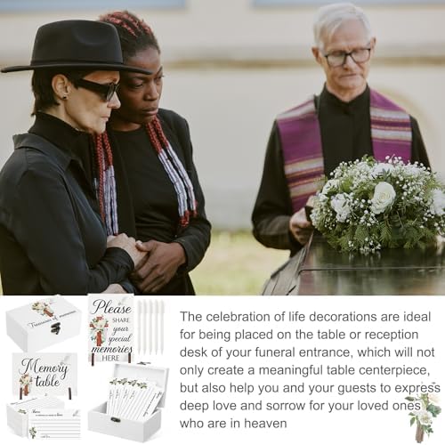 Gilprop 112 Pcs Celebration of Life Memory Cards Set Share a Memory Cards with Box 2 Wood Sign with 4 Hold and 5 Pens, Sympathy Memorial Gifts Funeral Keepsake Decorations(Cross)