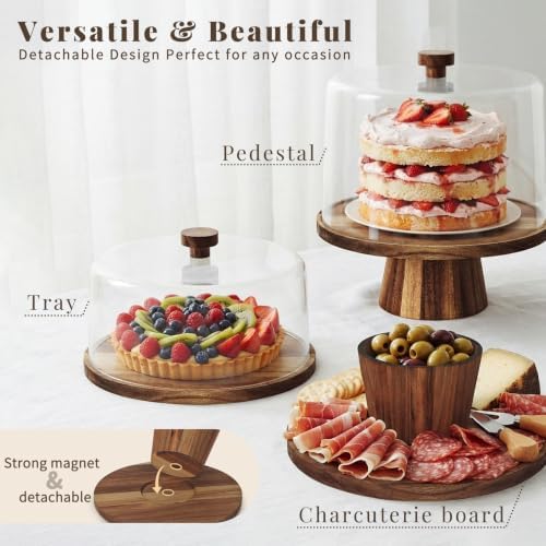 NWK 3-in-1 Acacia Wood 11 inch Cake Stand with Tall Acrylic Lid