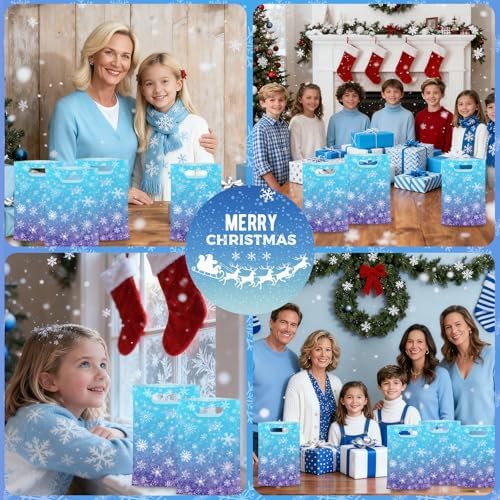 50 Pcs Winter Snowflake Gift Bags, Plastic Frozen Goodie Bags with Handles, Blue and Purple Candy Goodie Party Favor Bag for Winter Wonderland Christmas Birthday Decorations Frozen Party Supplies