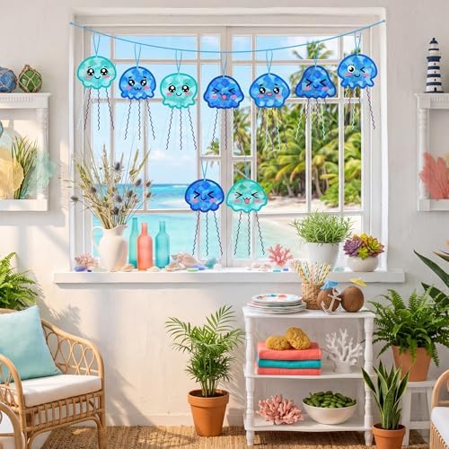 48PCS Summer Crafts: Paper Jellyfish Suncatchers DIY Kits, Window Stained Glass Effect Art Supplies