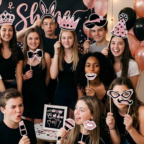28 Pcs Photo Booth Props for Birthday, Weddings,Mardi Gras,Family Reunion,New Year,Valentines Day,Easter Decor Funny Selfie Props Masquerade Party Decorations (Rose Gold and Black)