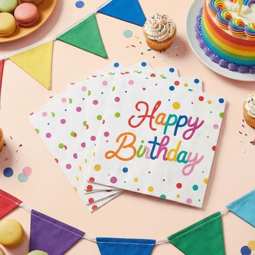Natnarr 50 Pk Happy Birthday Napkins, 6.5" Rainbow Birthday Cocktail Napkin