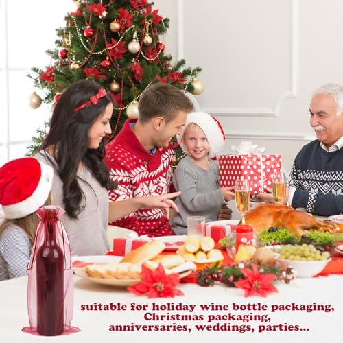 KIMOBER 30Pcs Red Organza Wine Bags, 6.3" × 14.6" Mesh Christmas Wine Bottle Gift Bags with Drawstring for Christmas, Champagne Bottles, Wedding Party Gifts