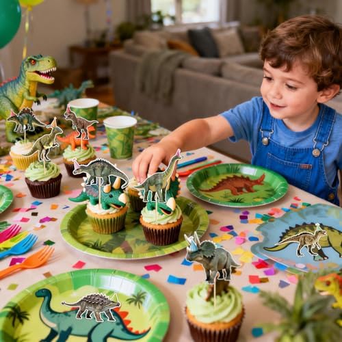 Hooqict 40Pcs Dinosaur Cupcake Toppers Dinosaur Birthday Cake Decorations Cupcake Toppers for Kids Boys Girls Dino Themed Baby Shower Birthday Party Decorations Supplies