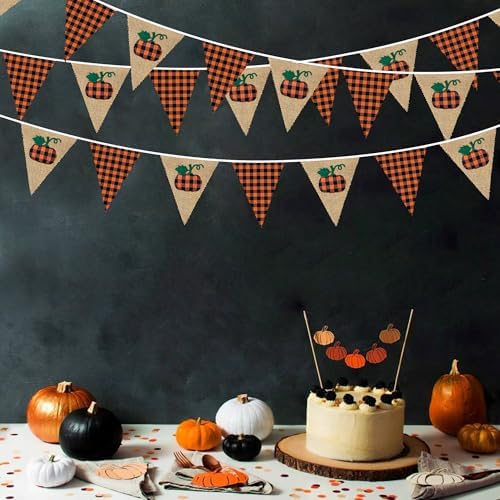 24Ft Burlap Banner - Fall Pumpkin Plaid Pennant Triangle Flag Garland Streamers - Fireplace Decor for Thanksgiving Day, Rustic Autumn Birthday Parties