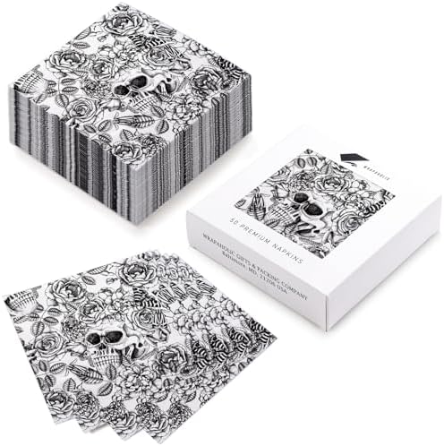 WRAPAHOLIC 50Pcs Halloween Cocktail Napkins - 3-Ply Black Gothic Skull Disposable Paper Napkins for Halloween, Birthday, Party - 5 x 5 In
