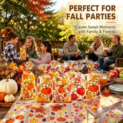 100Pcs Fall Cellophane Treat Bags, Thanksgiving Goodie Bags with Twist Ties