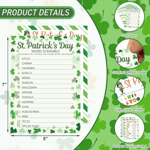 COCHIE St. Patrick's Day Party Games for Adults Family Office Large Groups, Saint Patrick Words Pictionary Game, Riddle Games, Word Scramble Game Classroom Activities - Answer Key (St. Patrick's)