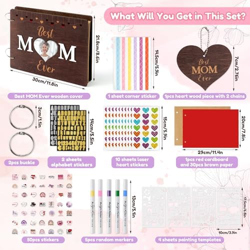 TICIAGA Large Size Mother’s Day Scrapbook Album Kit - 11.8x8.6 Best Mom Ever Large Wooden Photo Album Craft Set for Mom Grandma DIY Memory Book Keepsake Gift for Mother's Day Birthday & Family Moments