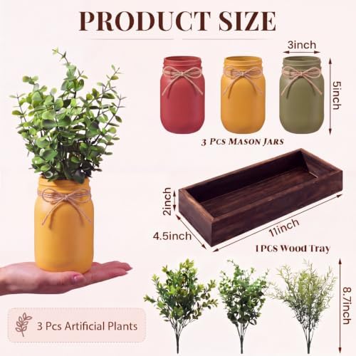 Unittype 3 Pack Boho Mason Jars Centerpiece for Table Farmhouse Wood Tray with 3 Painted Jars and Fake Eucalyptus Plants Rustic Coffee Table Centerpiece for Dining Room Kitchen Living Bathroom