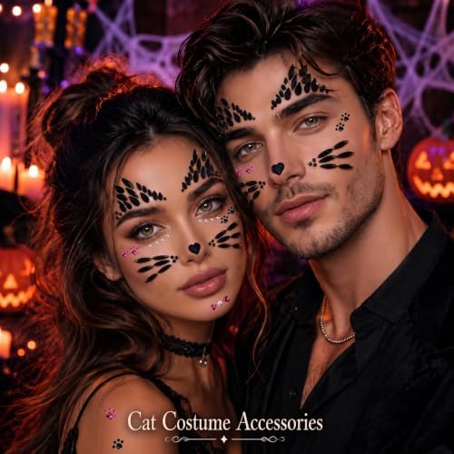 Voiiake Crystal Cat Face Gems Stickers, 2-Sheet Cat Print Gem Jewels, Black Cat Costume Women Accessories for Halloween Makeup