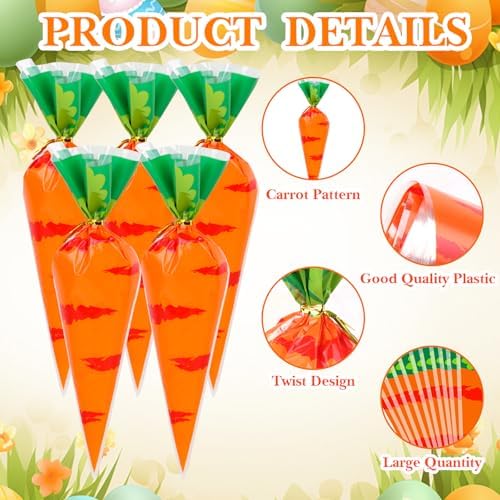 FOIMAS 120pcs Easter Cellophane Treat Bags,Carrot Shaped Candy Goodie Bags Cookie Bag for Easter Party Decoration Supply
