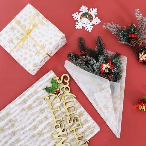 BEISHIDA Christmas Snowflake Tissue Paper Bulk，Gold and White Wrapping Tissue Paper for Gift Bags, 14 x 20 Inch Gift Wrap for Winter Christmas Party DIY Crafts Decor Holiday Flowers-50 Sheets