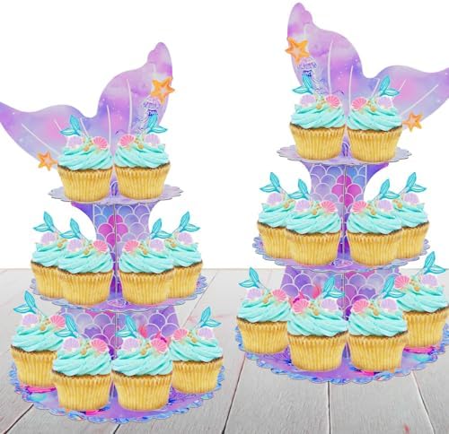 MRPAPA 2 Pack Mermaid 3 Tier Cardboard Cupcake Stand Dessert Display Holder