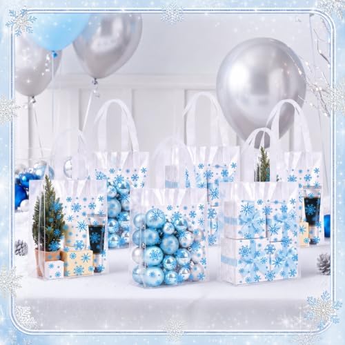 Pajean 25 Pcs Winter Plastic Gift Bags with Handles, Blue Snowflake Pouches