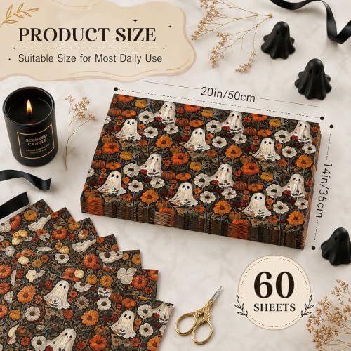 60 Sheets Boho Ghost Floral Tissue Paper, 13.8 x 19.7'' Boho Ghost Floral Pumpkin Patterns Gift Wrapping Paper for Halloween DIY Craft Autumn Party Supplies