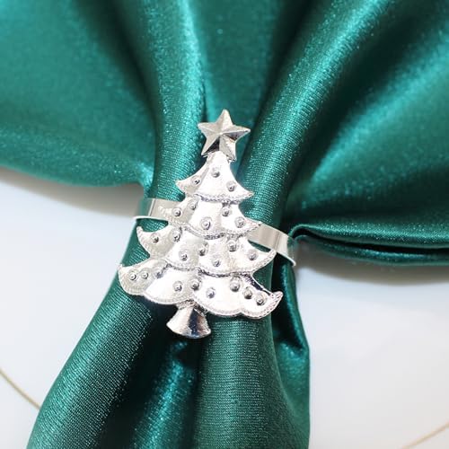 Silver Christmas Tree Napkin Rings Set of 6, Metal Xmas Napkin Holders, Wedding Dinner Table Decorations Winter Christmas Ornaments