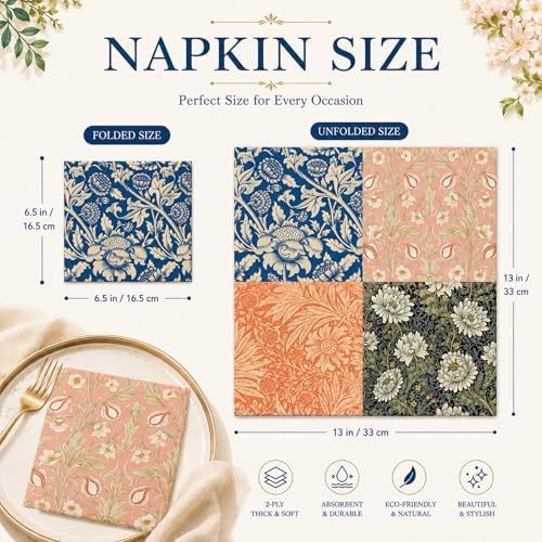 Vintage Floral Paper Napkins - 50Pcs, 2Ply, 6.5 x 6.5 Inches