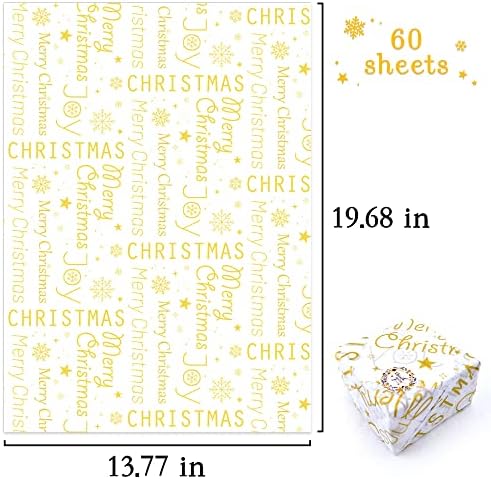MR FIVE 60 Sheets White with Gold Merry Christmas Tissue Paper Bulk,20" x 14",Gold Christmas Tissue Paper for Gift Bags,Xmas Party