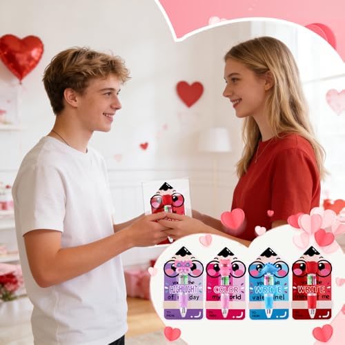 30 Pack Valentines Fun Pens with Cards Cute Multicolor 4-in-1 Gift Pens