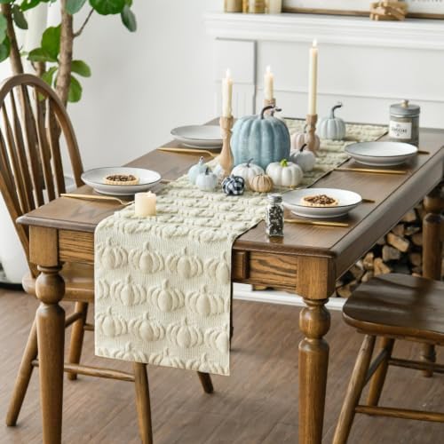 Artoid Mode Beige Soft Faux Fur Pumpkins Fall Table Runner 13x120 Inch