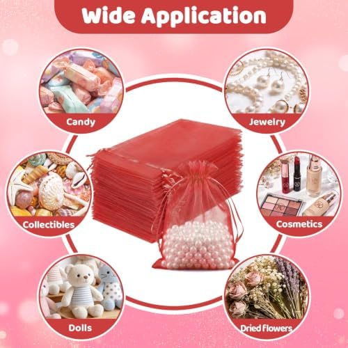 FUNFERY 100PCS Red Organza Gift Bags 6x9in,Drawstring Pouch for Jewelry