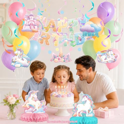 Unicorn Party Decorations Kit, Unicorn Birthday Decorations with Unicorn Birthday Banner, Circle Confetti Garland, Swirl Streamers, Balloons, Honeycomb Centerpiece, Rainbow Birthday Decorations
