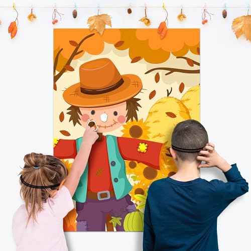 Fall Themed Pin the Nose On the Scarecrow Party Game Poster with 24 Pcs Acorn Stickers Fun Autumn Harvest Party Activity Decorations Supplies for Thanksgiving Halloween Fall Festivals Birthday
