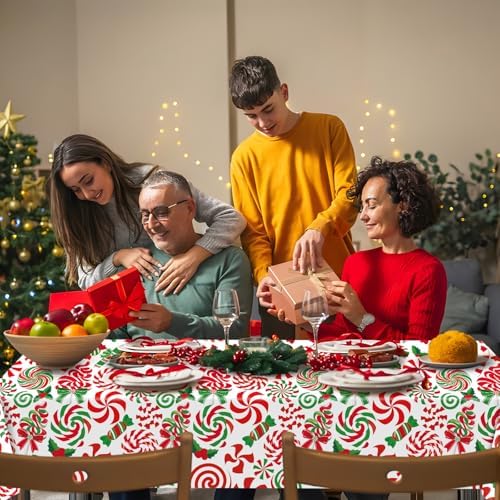 3-Piece 54 x 108 Inch Christmas Peppermint Plastic Tablecloth – Red and Green Disposable Rectangle Table Covers with Candy Cane and Lollipop Design for Holiday Christmas Winter Celebrations