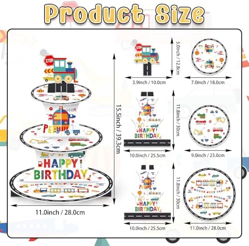 3 Tier Transportation Themed Cupcake Stand with Topper Train Birthday Decorations Boy Birthday Decorations Party Favors Cars Construction Plane Decor Chugga Chugga Two Two Party Supplies 2nd 3rd 4th