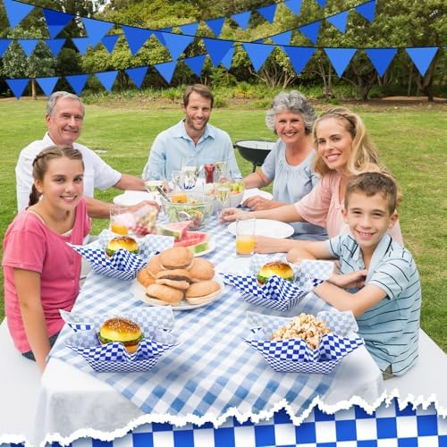 Geosar 100 Pcs Gingham Paper Food Tray with Wax Paper,Blue White