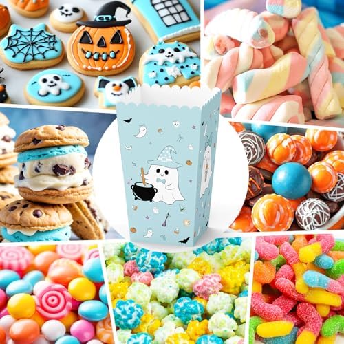 K KUMEED 24 PCS Halloween Popcorn Favor Boxes, Cute Ghost Popcorn Bowls, Blue