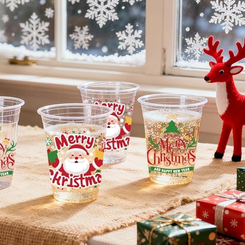 50 Pcs Christmas Party Cups, 12 oz Merry Christmas Clear Plastic Cups, Santa Claus Disposable Drinking Cup for Cold Beverage Ice Cream Snacks Xmas Winter Holiday Party Supplies