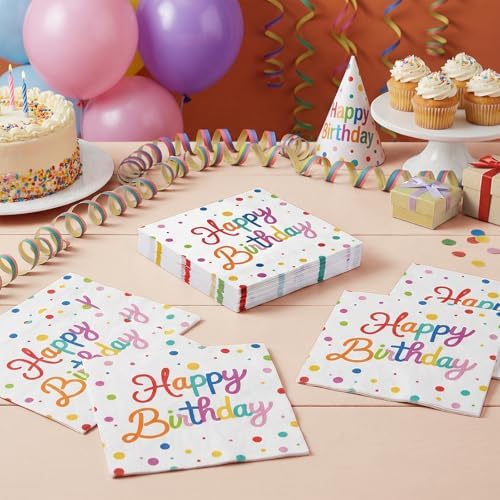 Natnarr 50 Pk Happy Birthday Napkins, 6.5" Rainbow Birthday Cocktail Napkin