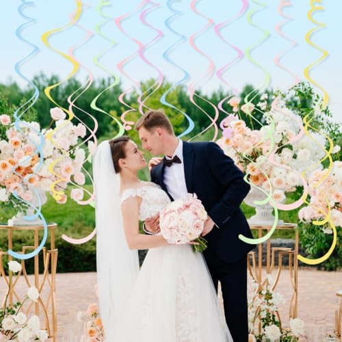 24 PCS Pastel Macarons Hanging Swirl,Sparkle Ceiling Hanging Decorations, Plastic Streamer Party Decorations with Double-Swirls and Single-Swirls for Birthday, Spring, Bridal, Gender Reveal, Wedding