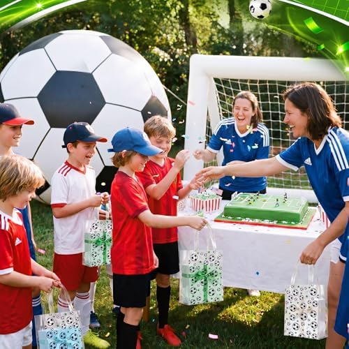 Pajean 12 Pcs Soccer Theme Plastic Gift Bags with Handles, 5.9 x 8.7 x 3.1 Inch Football PE Treat Bags, Black and White Candy Goodie Pouches for Classroom Exchange, Party Favor, Sports Event Supplies