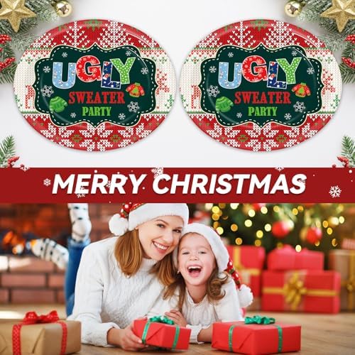 50PCS Christmas Ugly Sweaters Oval Paper Plates Merry Christmas Plates Tableware Decor Large 11inch Disposable Xmas Oval Paper Platter Decor for Xmas Holiday Party Winter Home Dinner Supplies