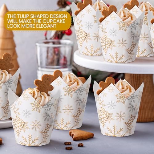 Maxdot 200 Pcs Winter Snowflake Tulip Cupcake Liners for Baking Silver Gold Snowflake Paper Muffin Baking Cups Christmas Tulip Muffin Liners Wrappers for Xmas Winter Birthday Party Supplies